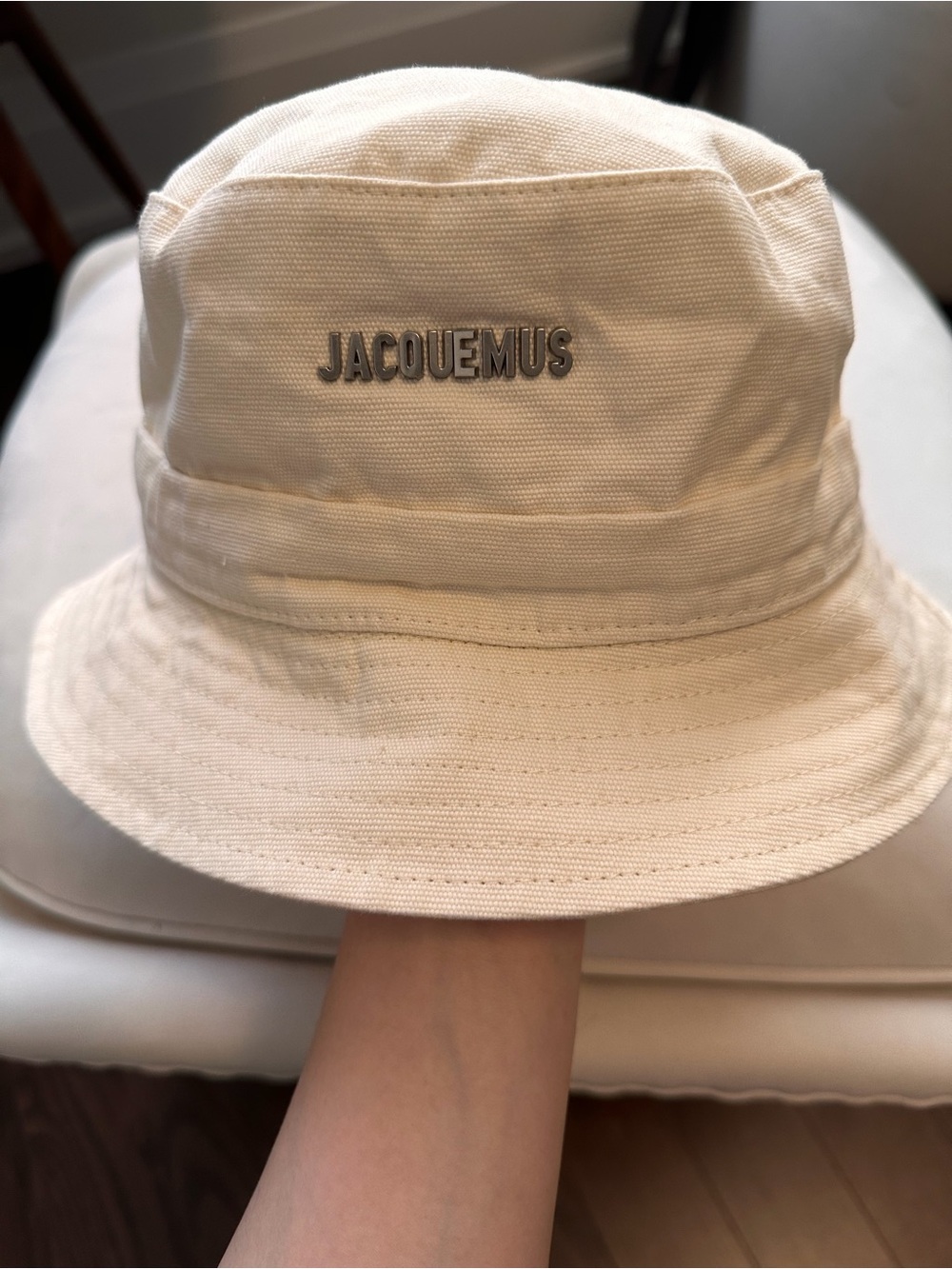 Jacquemus Cream Canvas Bucket Hat with Metal Logo